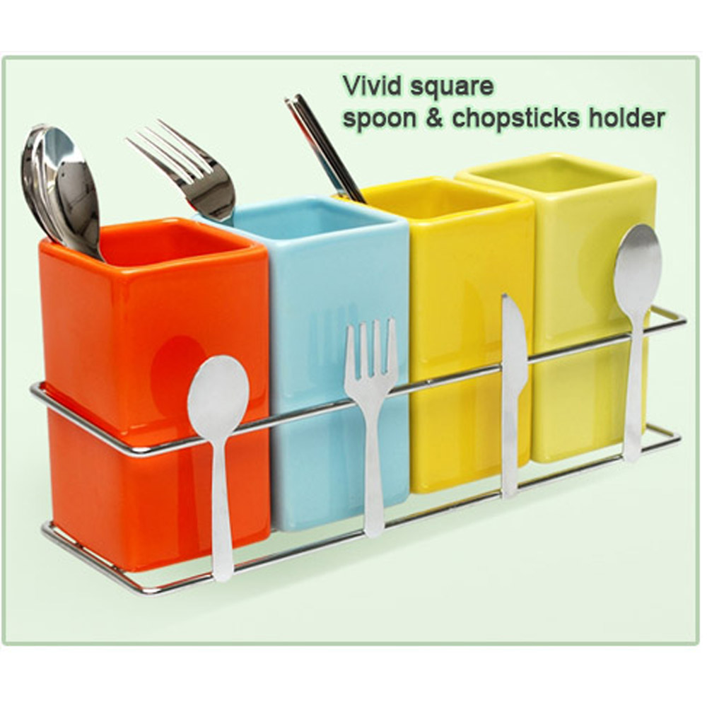 Spoon Rest Rack 4 Ceramic Square Organizer for Fork Spoon Chopstick